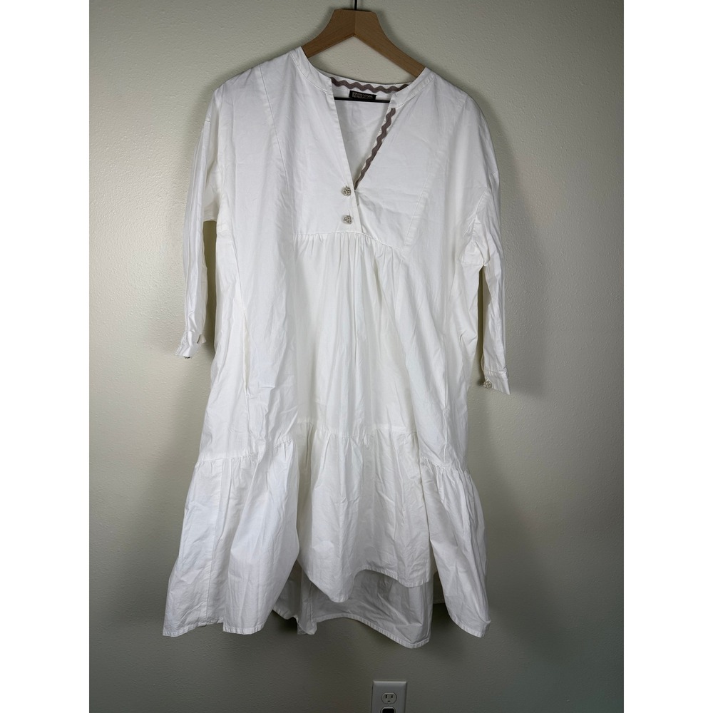 MALIPARMI Boho Lagenlook Tiered Midi Dress Women 40 White Cotton Ric-Rac Italy
